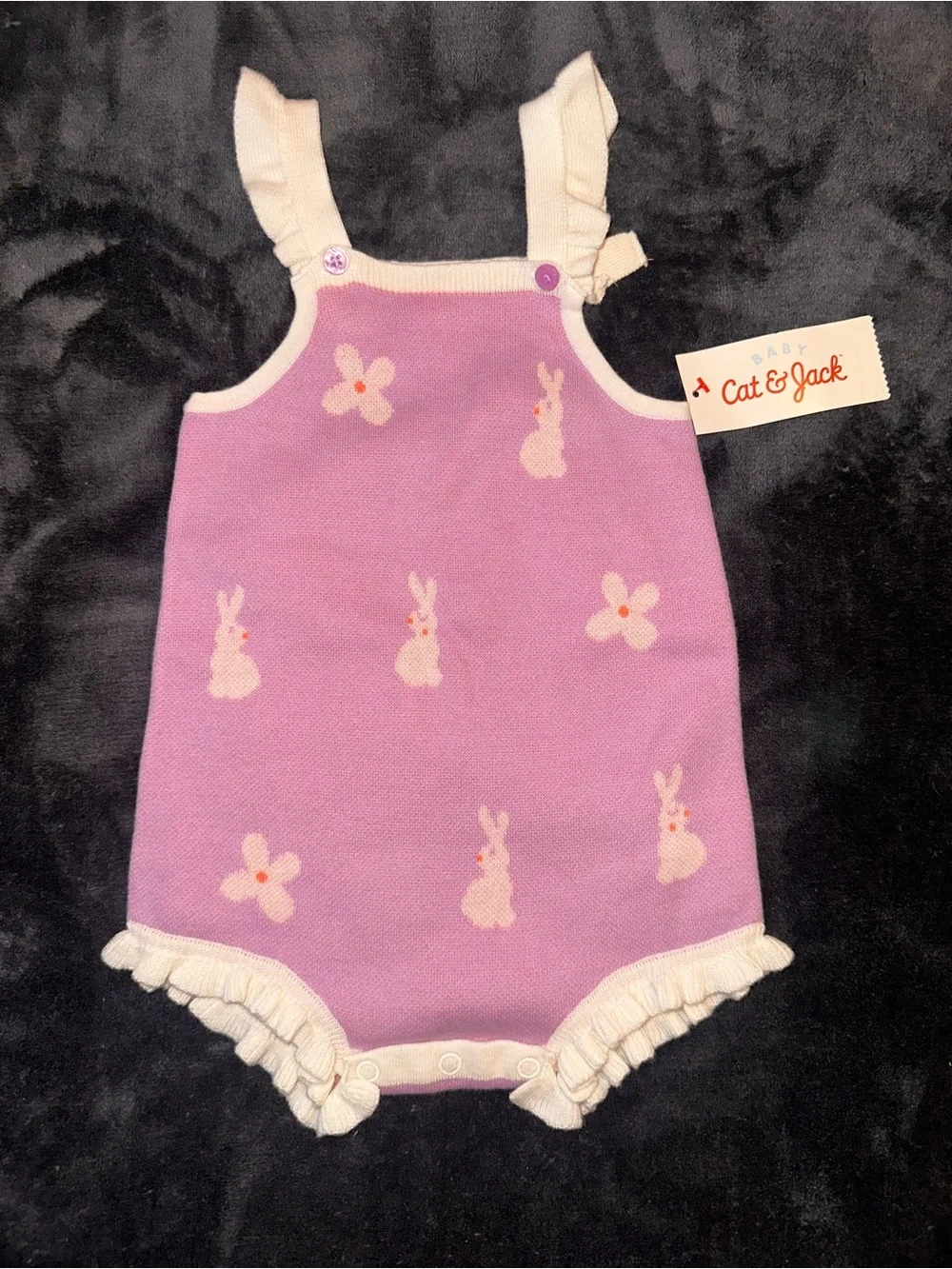 Cat & Jack Lavender Bunny Knit Romper with Cream Ruffle Trim